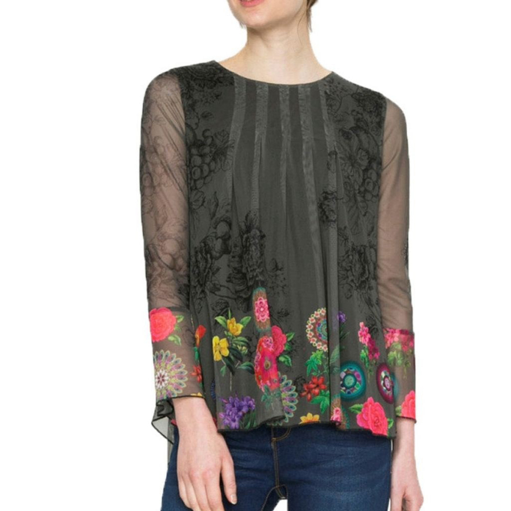Desigual sheer mesh long sleeve top floral studded pleated dark green size small